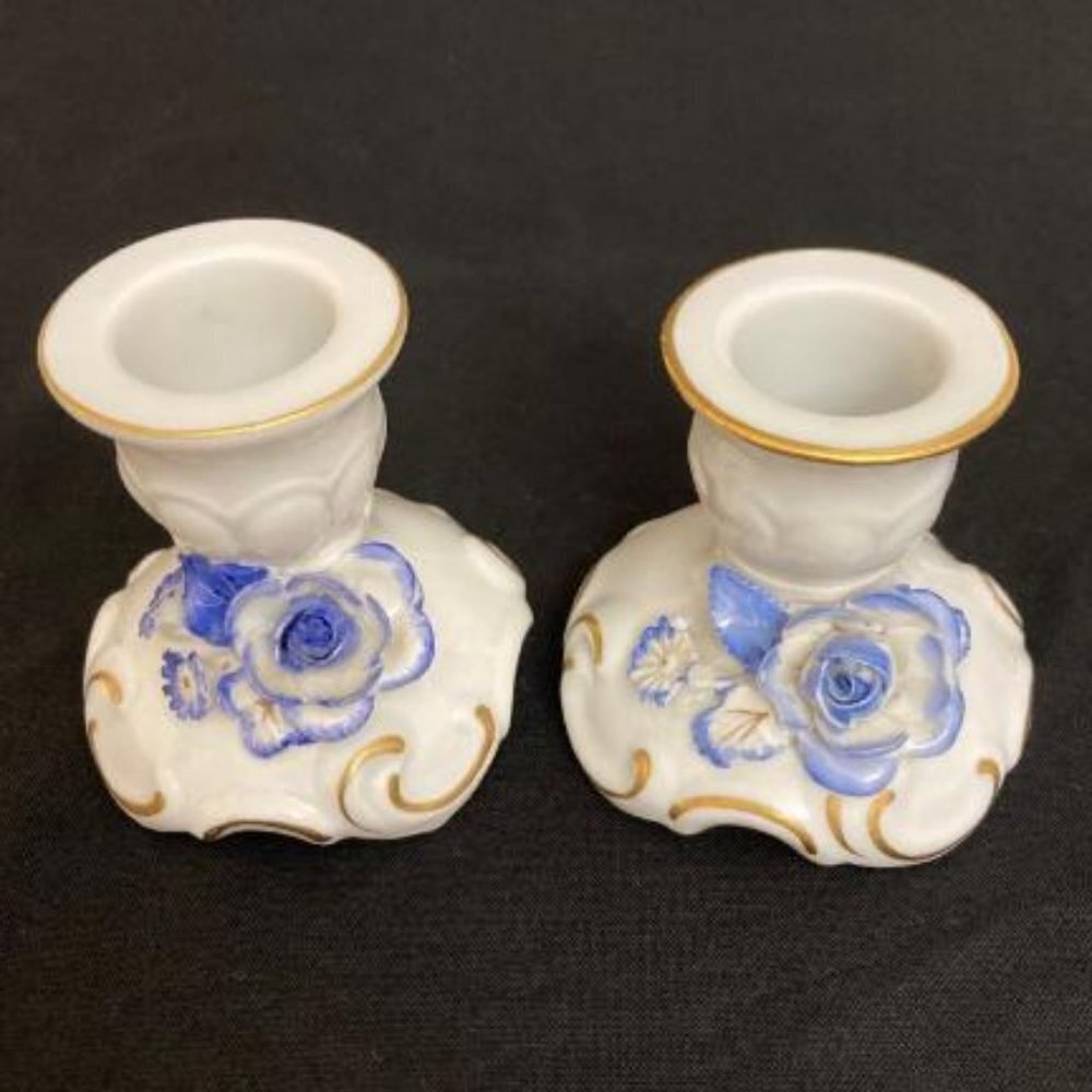 Vtg Pair Von Schierholz Porcelain Candlestick Holders Hand Painted Floral German